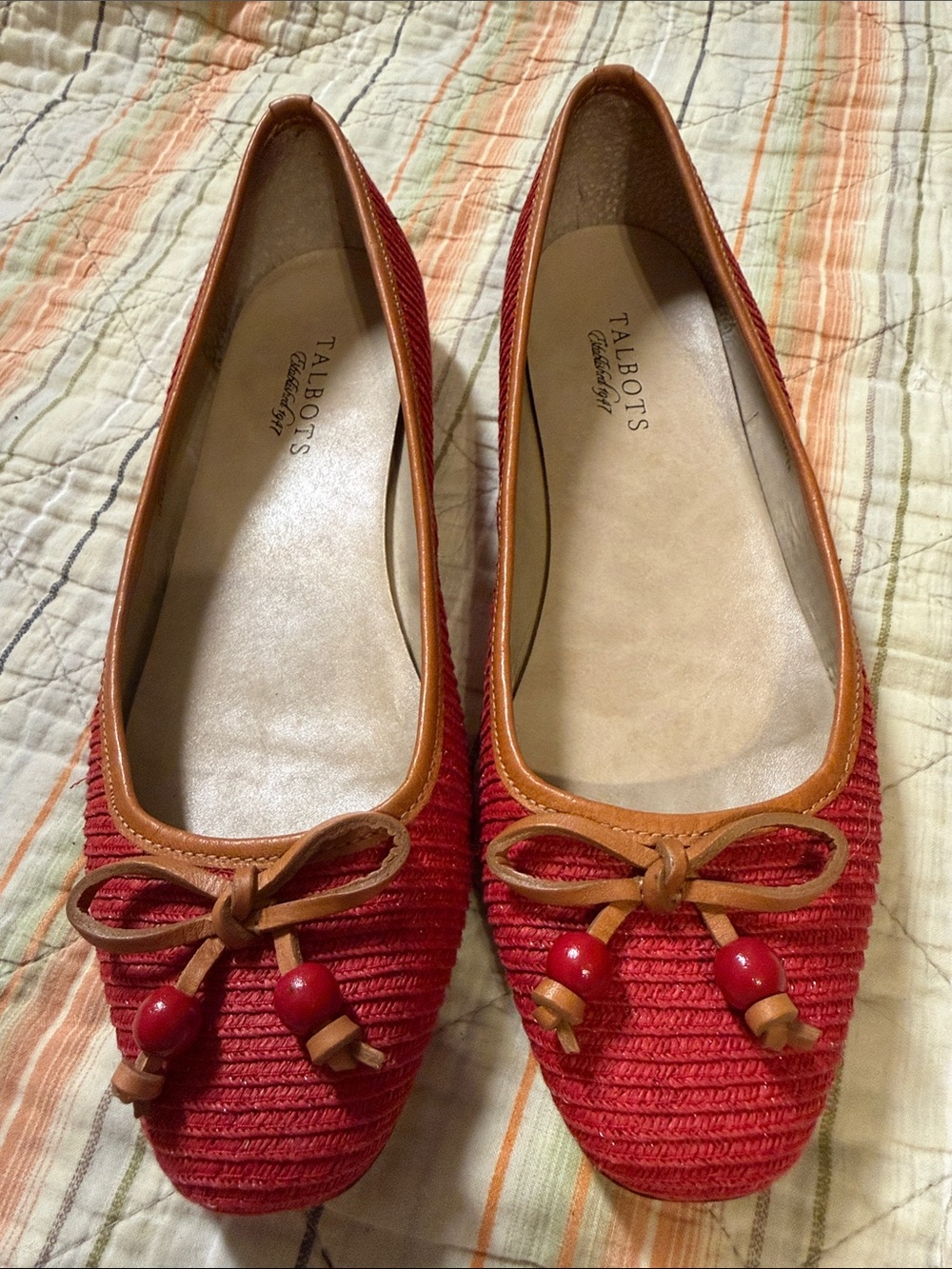 Talbots Fanny Red Raffia Ballet Flats / Tan Leather Trim & Bead Detail size 10